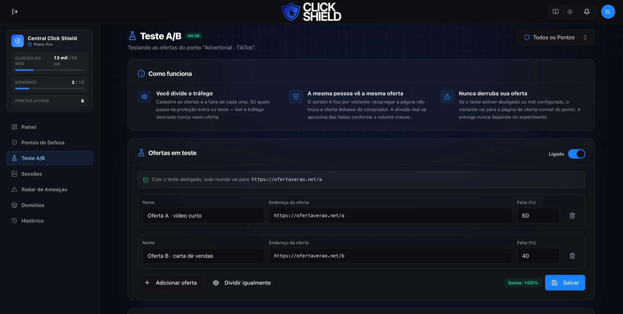 Teste A/B de ofertas do Click Shield