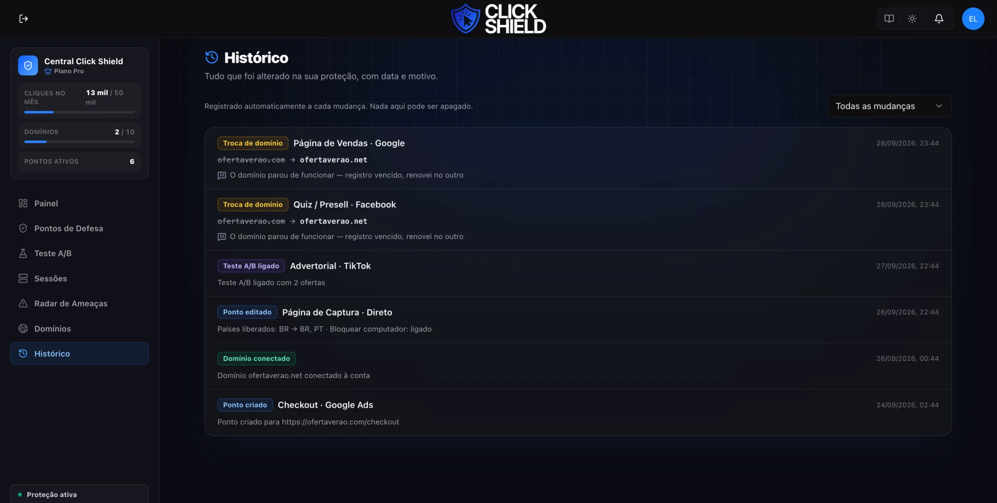 Histórico de alterações do Click Shield